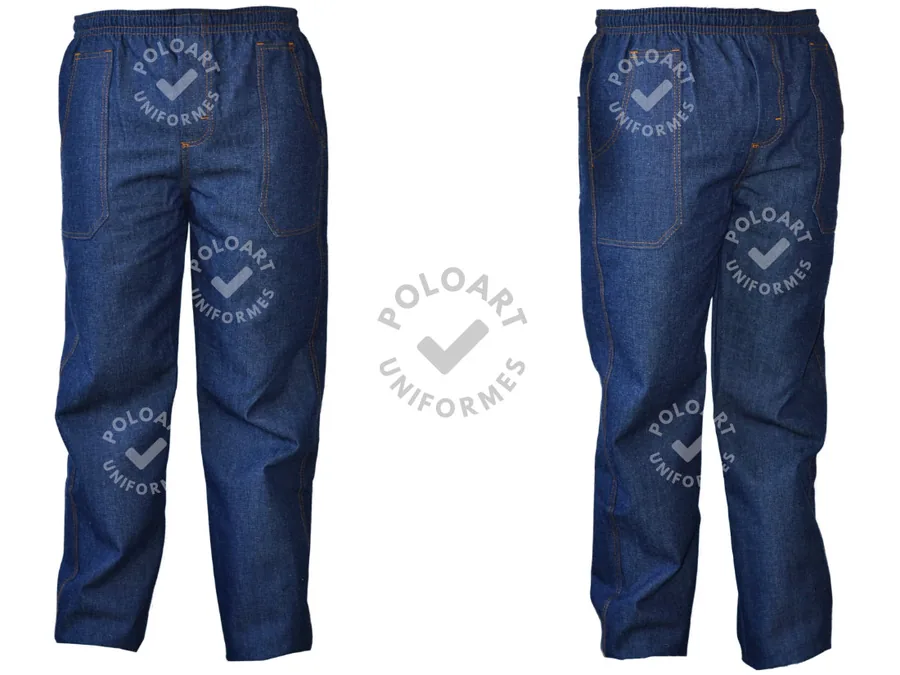 Calça Jeans Reforçada — calça jeans de trabalho com cós elástico e bolsos reforçados, frente e lateral