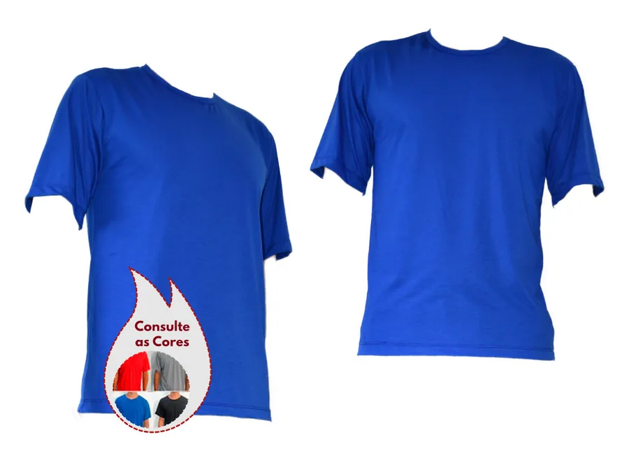 Camiseta Malha — camiseta de malha azul para uniforme de empresa, gola careca, frente e lateral