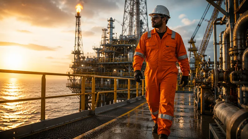 Trabalhador em plataforma offshore com macacão de proteção