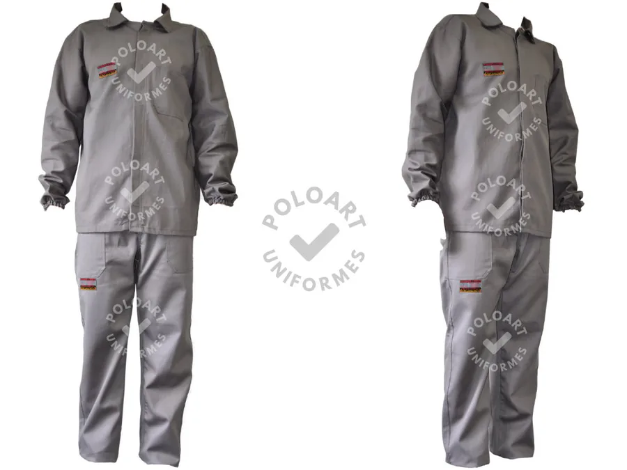 Conjunto Antichama — jaleco de zíper e calça em algodão antichama cinza, sem faixa refletiva, frente e lateral