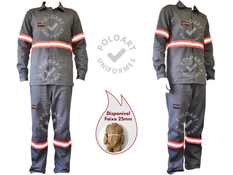 Conjunto Antichama com Faixa — jaleco e calça antichama em algodão cinza com faixa refletiva, frente e lateral