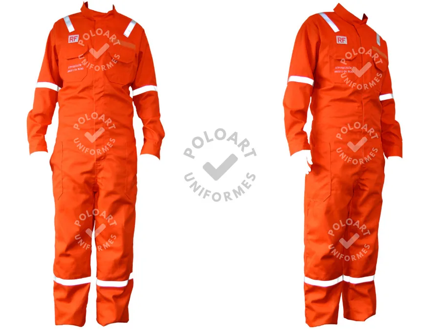Macacão RF Antichama — uniforme antichama NR10 laranja com faixas refletivas, frente e lateral