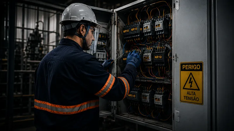 Eletricista com uniforme antichama NR10 trabalhando em painel elétrico de alta tensão
