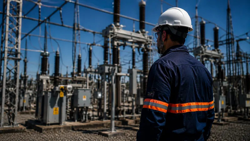 Eletricistas em subestação de energia usando uniforme NR10